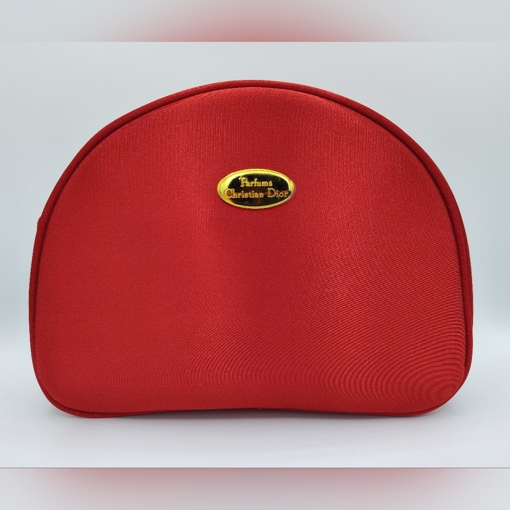 Early 1990s Vintage DIOR Parfum Red Satin Vanity Gold Plaque Vanity Makeup Bag